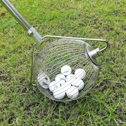 Stainless steel golf ball picker in metallic colour on a green background.