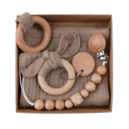Natural cotton baby bath toy set with wooden rattle and comfort towel
