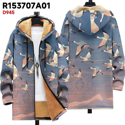Men's multicolour printed hooded cardigan jacket with front zipper in loose casual fit