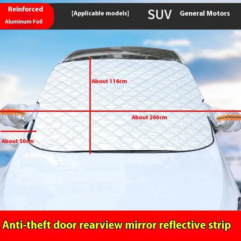 Winter car cover for SUV front windshield with reflective edges and magnetic attachment system