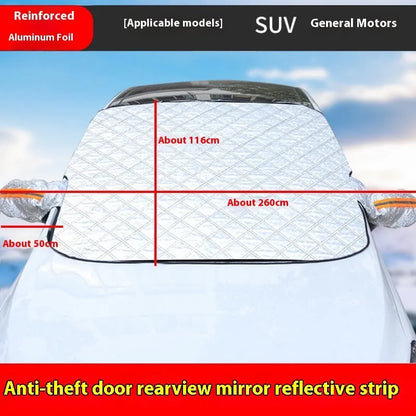 Winter car cover for SUV front windshield with reflective edges and magnetic attachment system