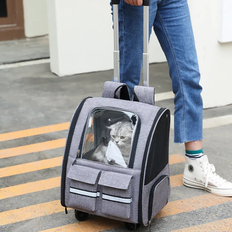 Foldable Oxford cloth pet bag in grey with double shoulder pull rod and breathable soft-sided design
