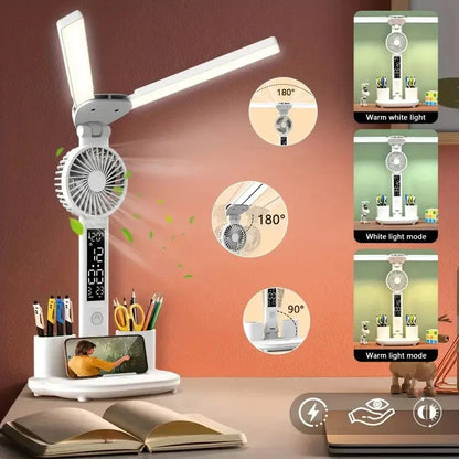 Foldable LED desk lamp with thermometer, calendar, fan, and pen holder
