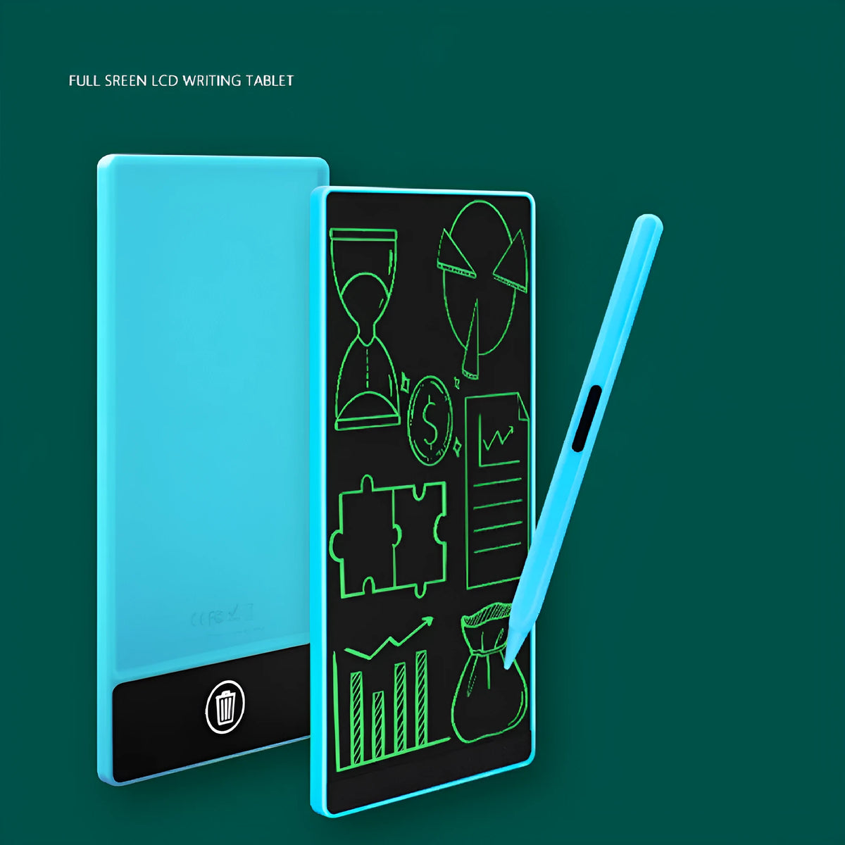 Blue student LCD handwriting board with 6.5 inch screen and stylus on a desk.