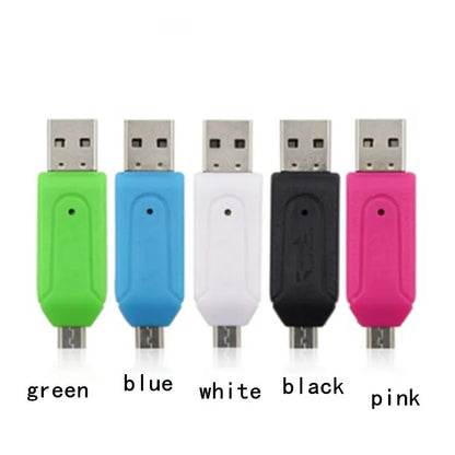 White OTG card reader with USB and micro USB connectors for SD and TF memory cards.