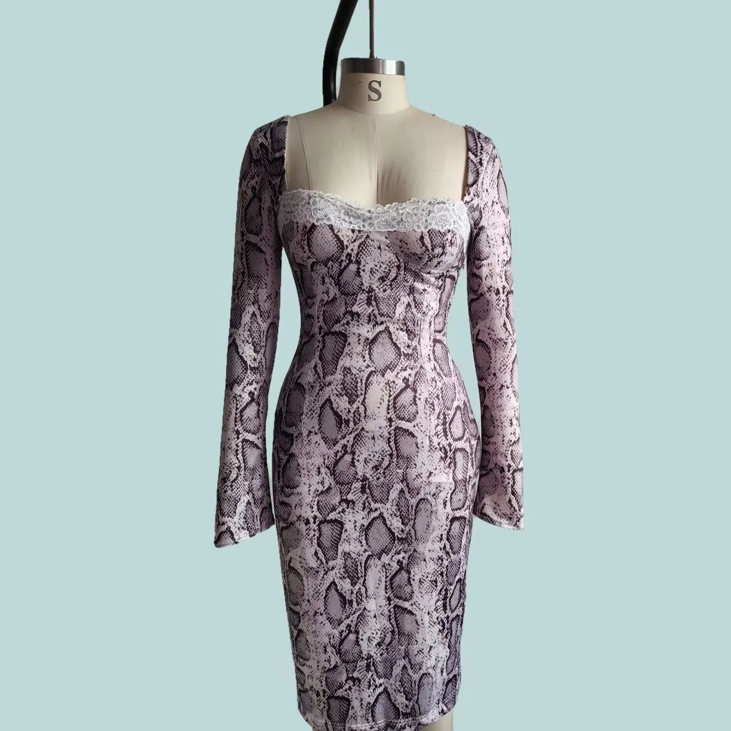 Grey digital printed lace dress with 3D pattern, A-line skirt, and long sleeves in slim fit silhouette