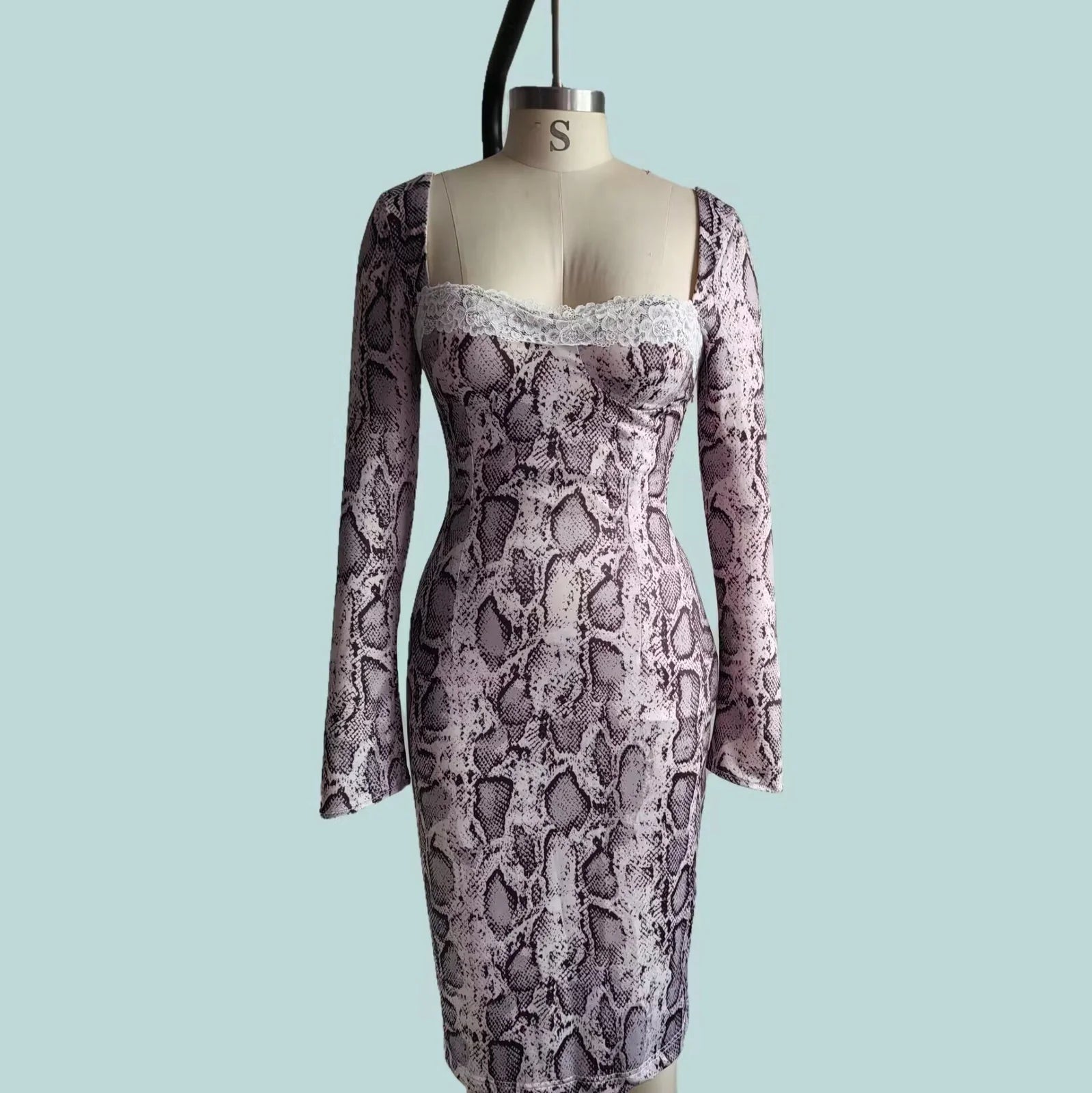 Grey digital printed lace dress with 3D pattern, A-line skirt, and long sleeves in slim fit silhouette