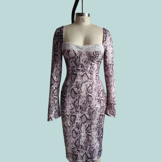 Grey digital printed lace dress with 3D pattern, A-line skirt, and long sleeves in slim fit silhouette