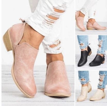 Stylish women's retro high heel ankle boots for autumn in pink, black, and beige