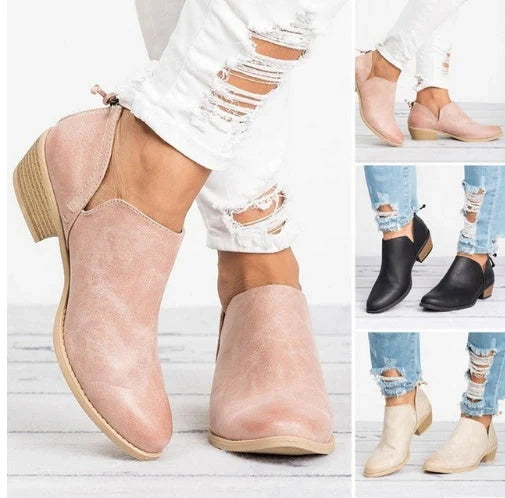 Stylish women's retro high heel ankle boots for autumn in pink, black, and beige