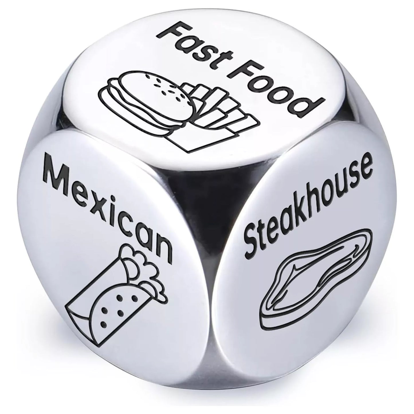 Stainless steel decision dice for couples date night games, silver color, 1.6cm