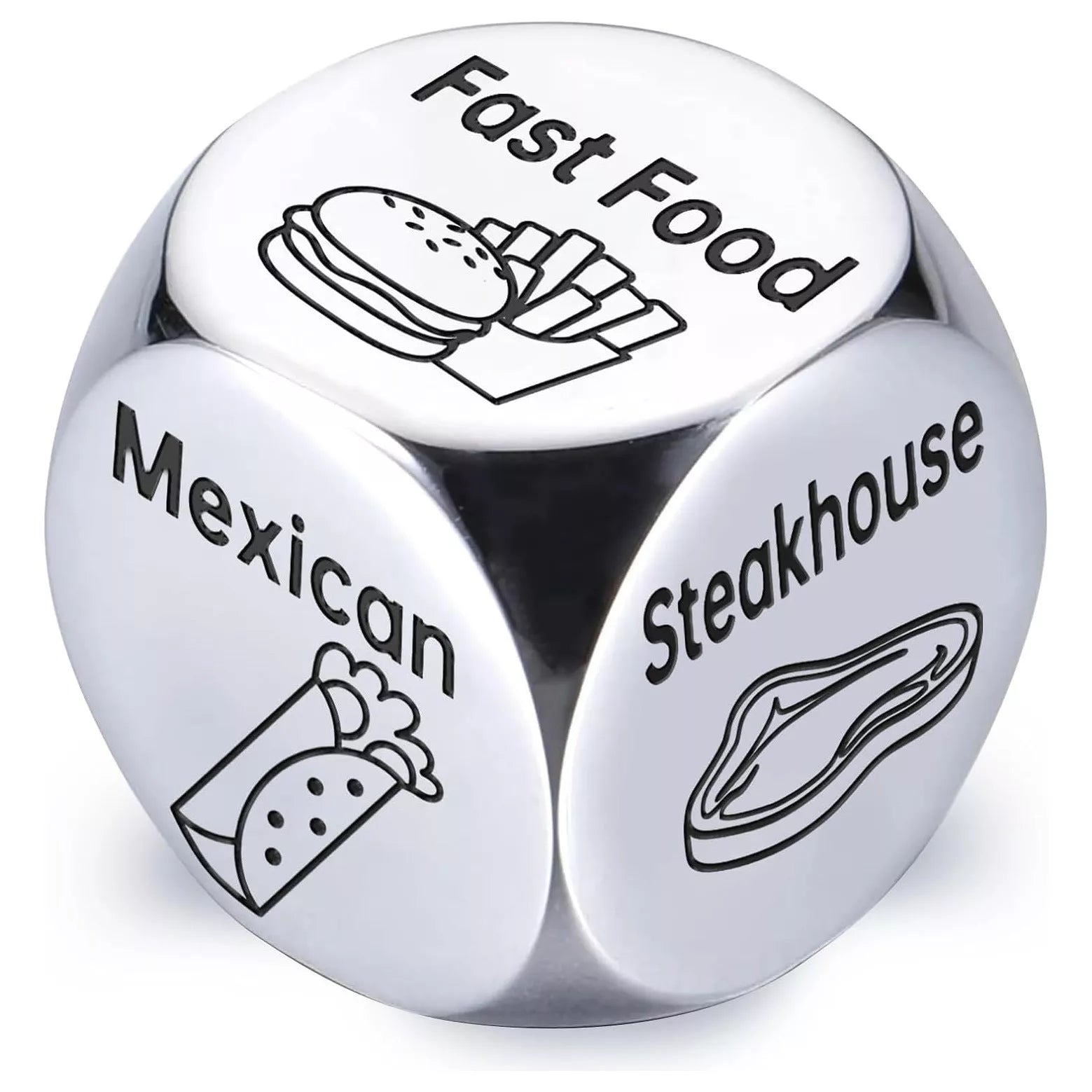 Stainless steel decision dice for couples date night games, silver color, 1.6cm