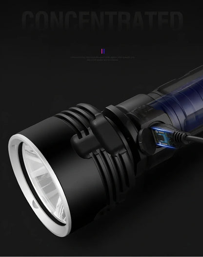 Aluminium alloy LED flashlight with 200-500m beam range and rechargeable battery system