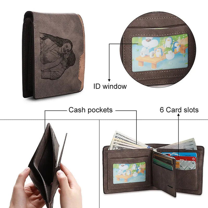 Coffee coloured engraved horizontal short wallet with photo personalisation, showing 120x99x25mm dimensions and 7-slot design