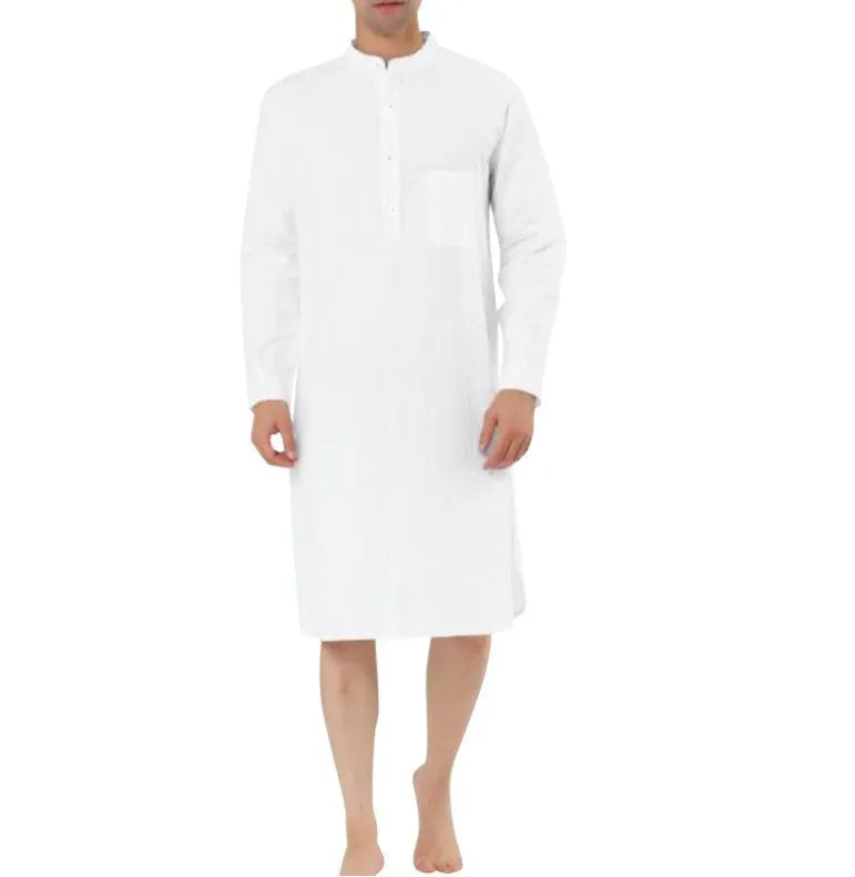 Men's cotton shirt robe in a light blue colour with a front chest pocket and button front.