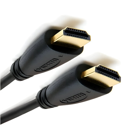 Gold-plated HDMI male-to-male cable showing connector detail and multiple length options