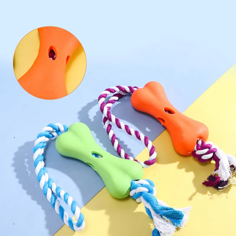 Green porous bone dog chew toy with rope knot texture for treat insertion and dental stimulation