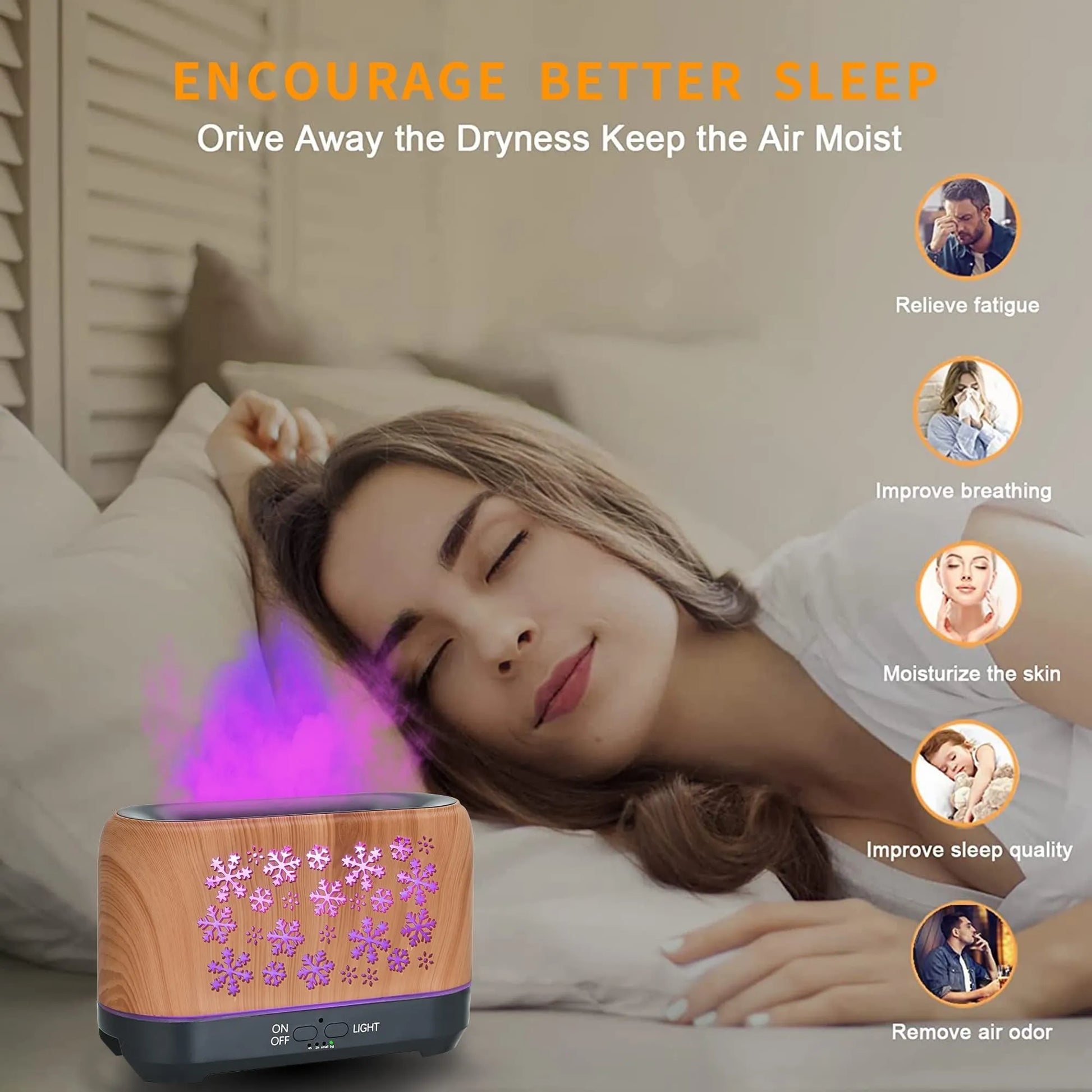 Square wood grain humidifier with colourful snowflake pattern and multicolour flame effect mist.