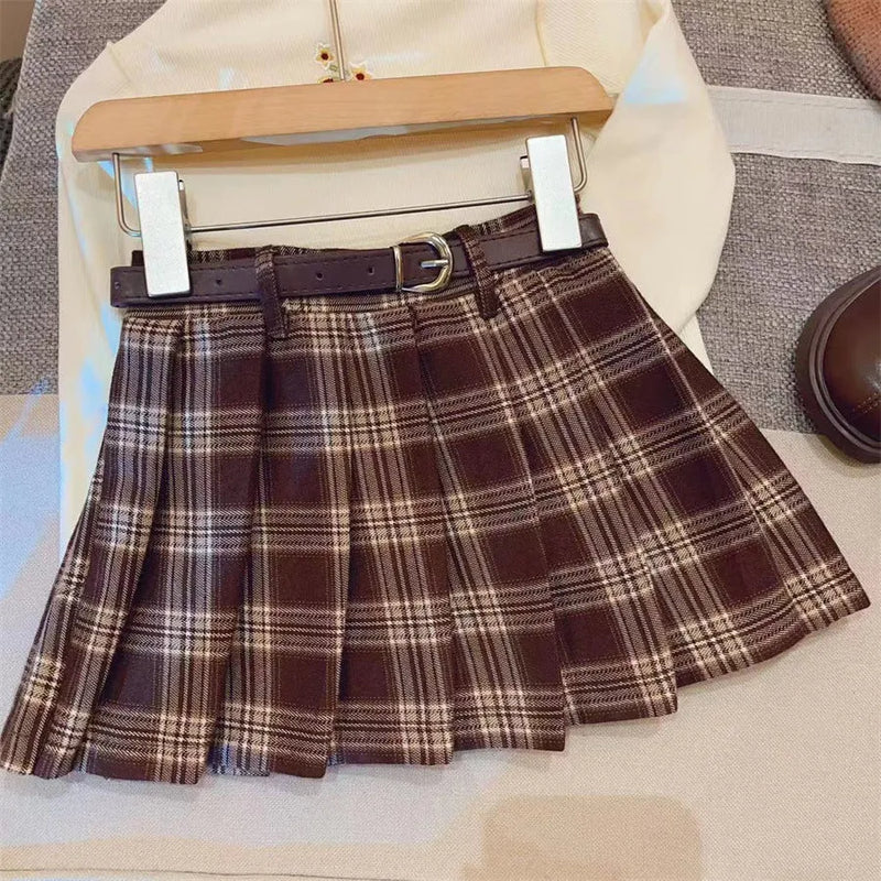 Girls' casual plaid pleated skirt in cotton blend fabric with A-line cut, available in sizes for heights 90cm, 100cm, 110cm, 120cm, 130cm, 140cm for spring and autumn wear