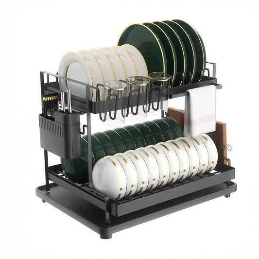 White double-layer kitchen storage rack with removable draining section on a countertop