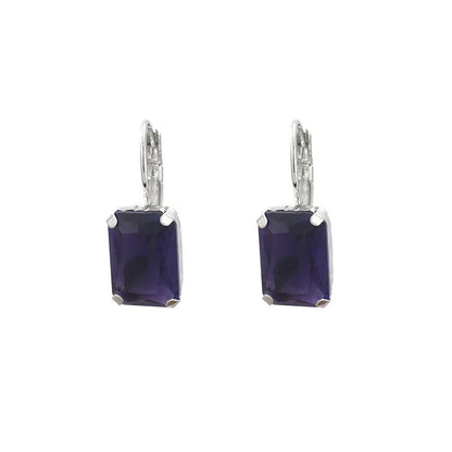 Women's square crystal earrings in copper with purple, red, and yellow colour options measuring 25mm by 10mm.