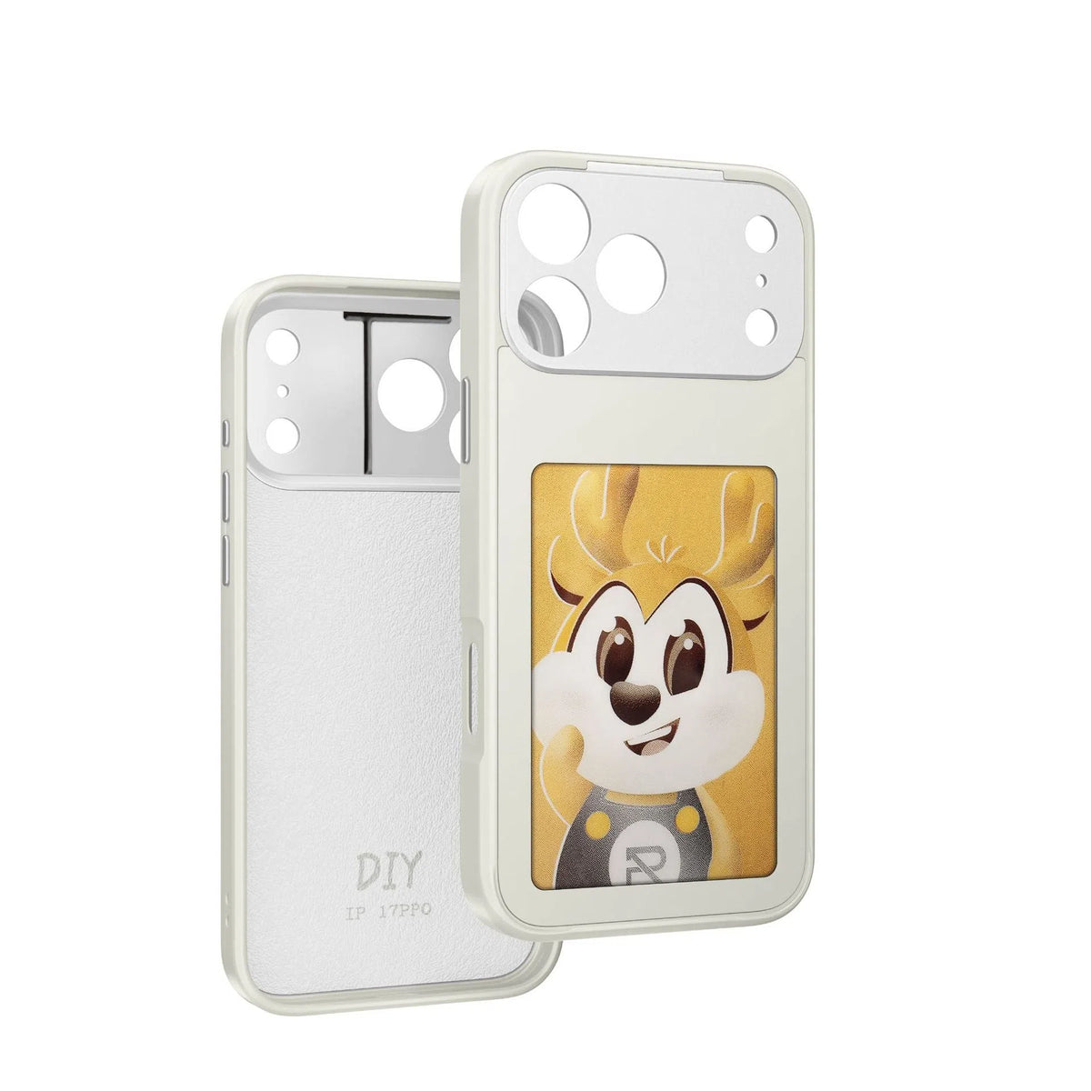 E-Ink screen phone case for iPhone 17 series in black, white, gray or orange, made of TPU and PC.