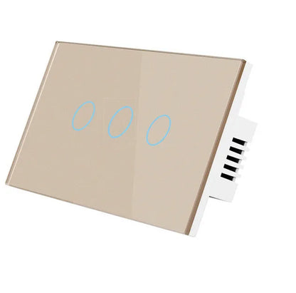 US-RF-02W white 2-gang remote control light switch with tempered glass panel measuring 120x72x35mm