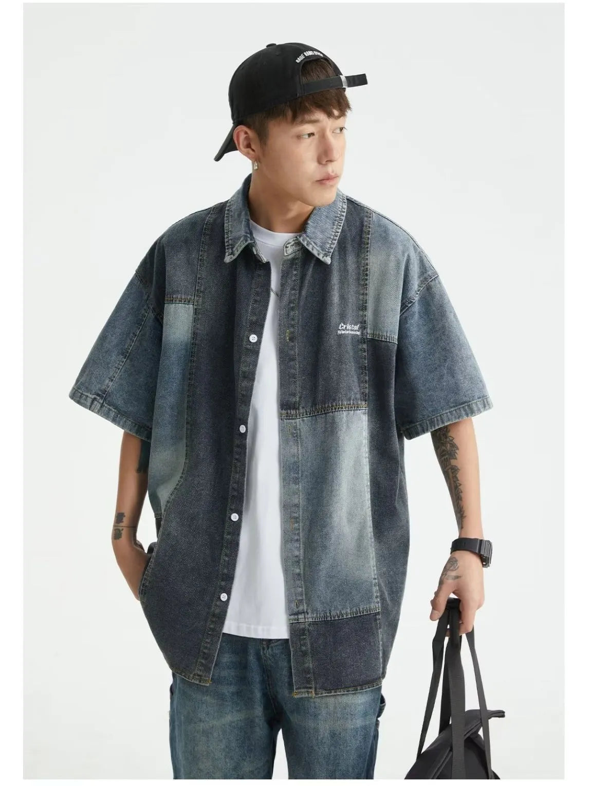 Blue Japanese-style loose fit denim cardigan shirt for men with retro washed finish.