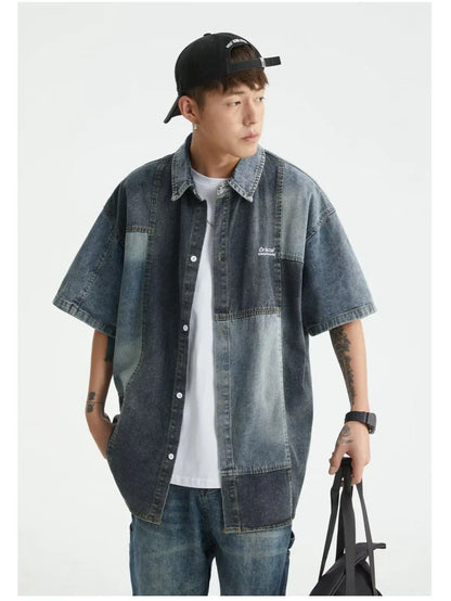 Blue Japanese-style loose fit denim cardigan shirt for men with retro washed finish.