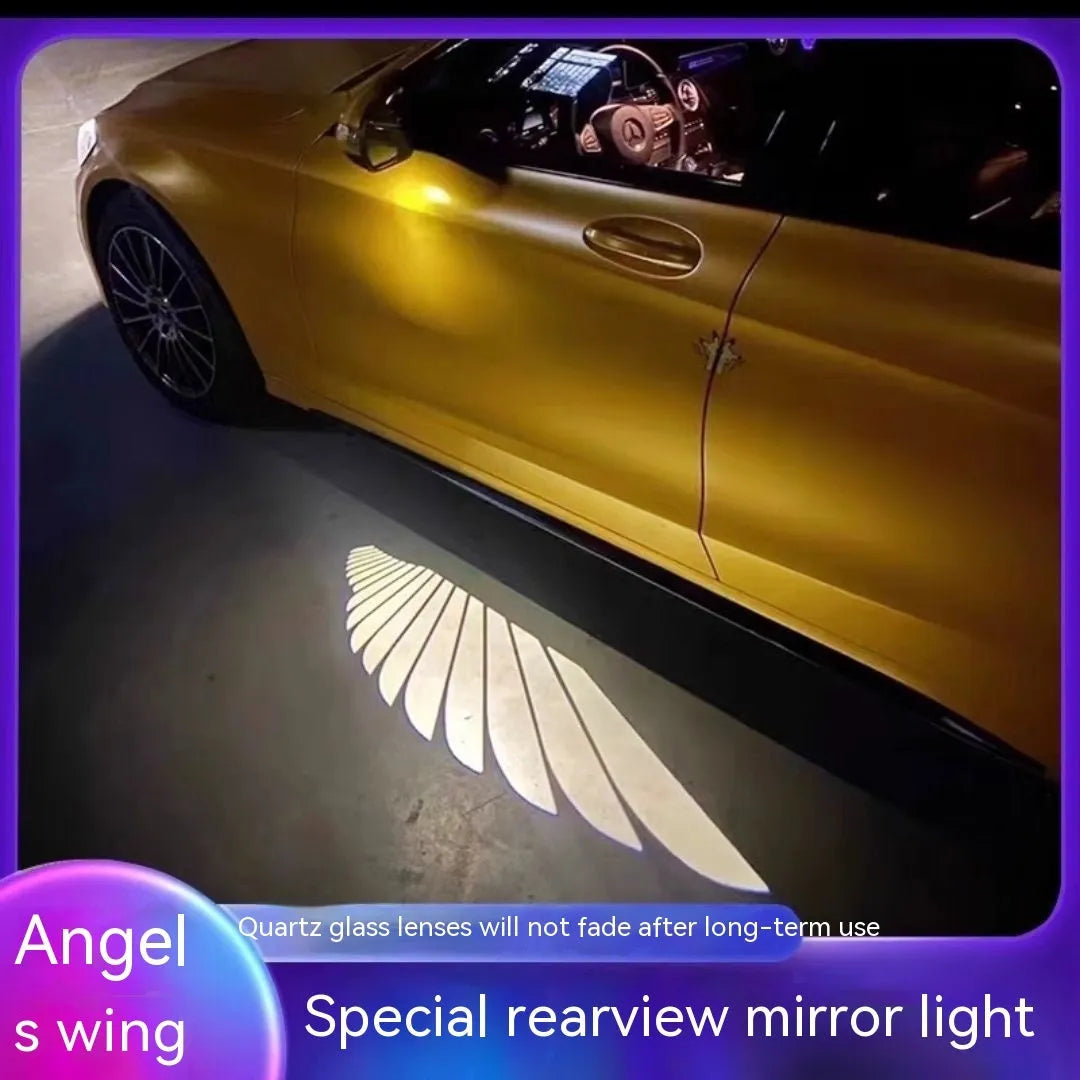 Universal car rearview mirror angel wings projection courtesy lamp with aluminium housing.