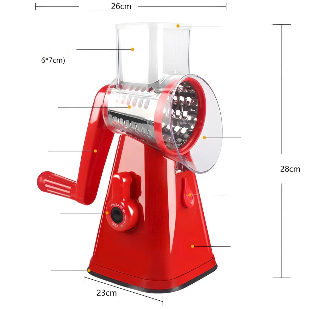 White plastic hand drum vegetable cutter slicer showing drum mechanism for even 0.5 cm vegetable slices, compact 20 cm size