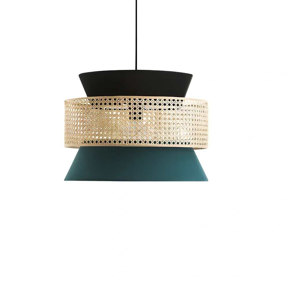 Japanese rattan chandelier with hand-woven grass shade and 3000K LED lighting in fish-shaped design