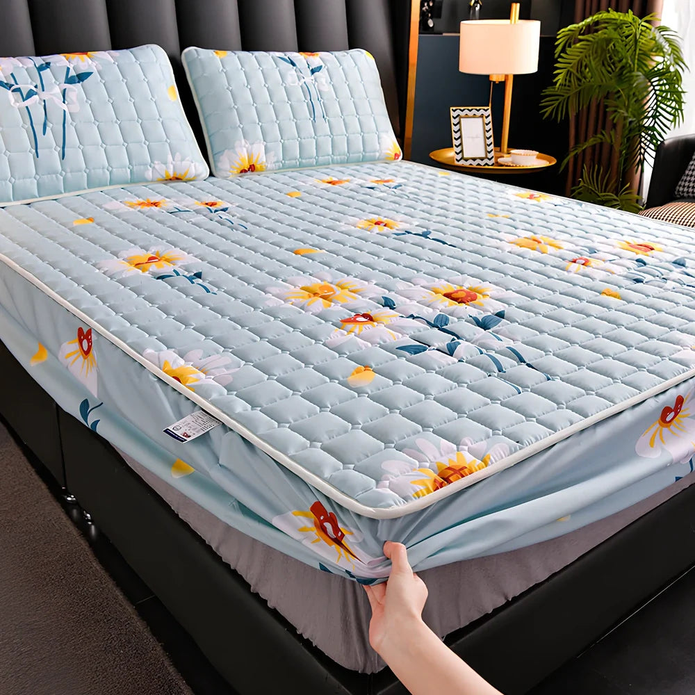 Mattress cover dust cover with brushed weave texture shown on bed, includes bed cover and pillowcase