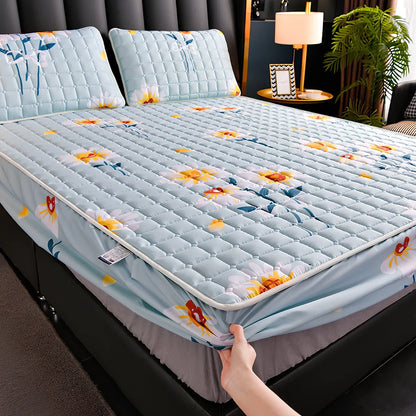 Mattress cover dust cover with brushed weave texture shown on bed, includes bed cover and pillowcase