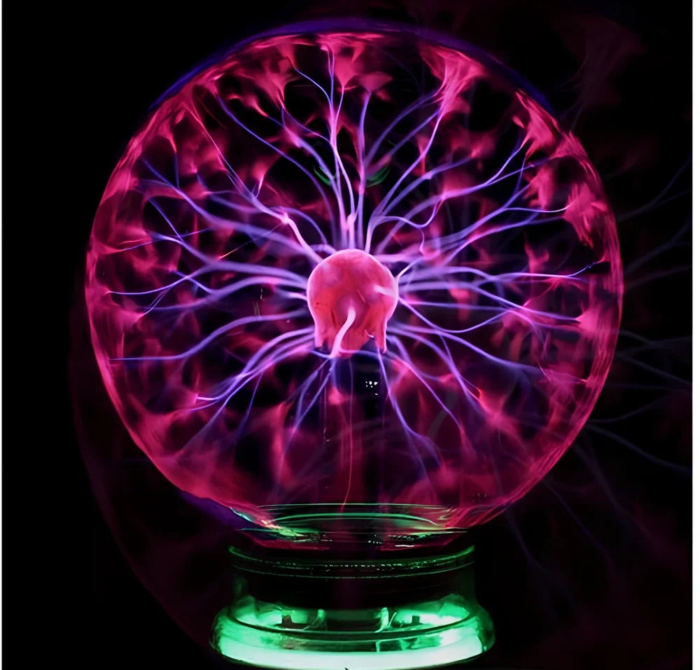 Plasma lightning ball with colourful electrostatic patterns inside 6-inch glass sphere responding to touch