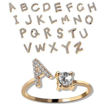 Personalized Initial Letter Adjustable Ring made of copper alloy and zircon, showcasing a vintage-inspired design