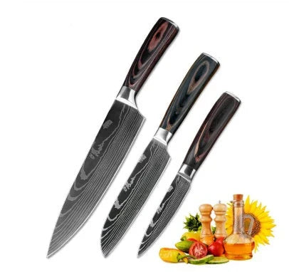Premium 8-Piece Stainless Steel Chef Knife Set with Elegant Damascus Pattern Blades and Ergonomic Handles