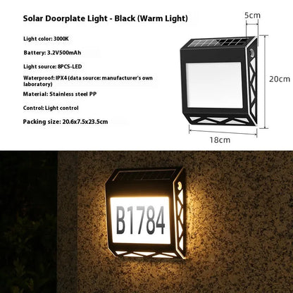 Solar powered outdoor doorplate light with waterproof housing and LED illumination