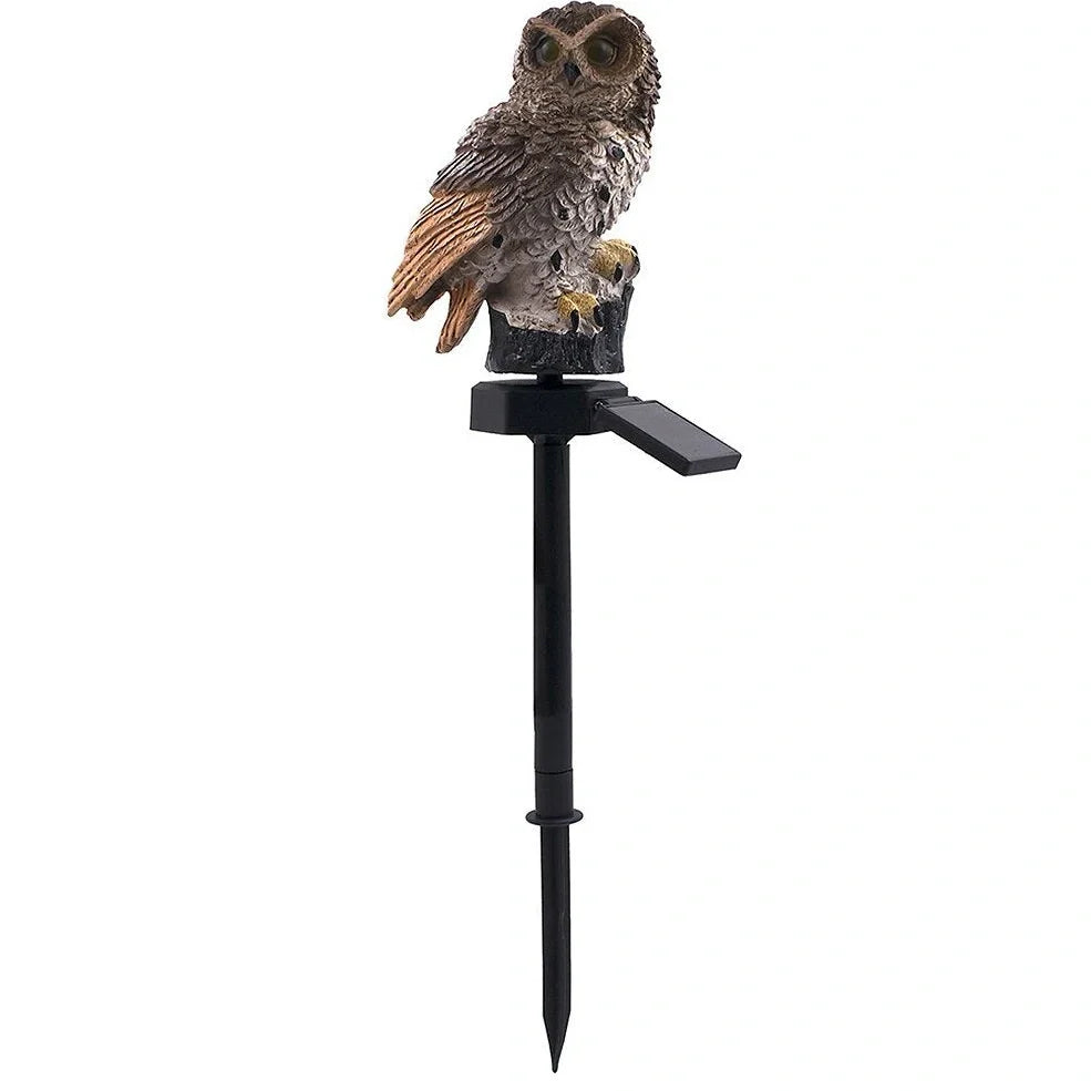 Solar owl garden light with realistic design standing 45cm tall, featuring LED illumination and solar panel