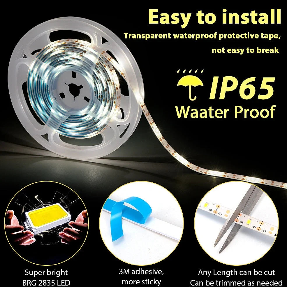 Compact 70x70mm solar LED strip with 90 lights in warm white, IP65 rated for garden paths