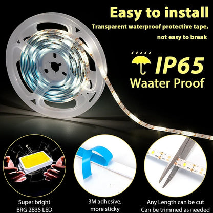 Compact 70x70mm solar LED strip with 90 lights in warm white, IP65 rated for garden paths