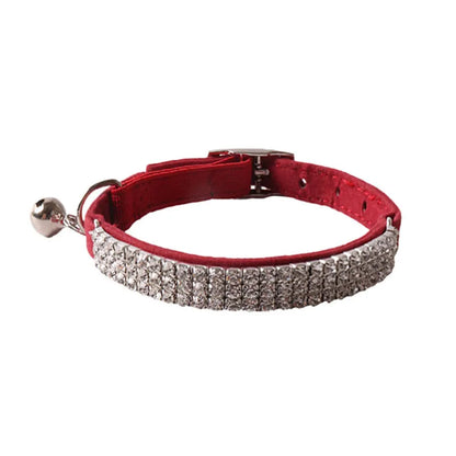 Cat collar with elastic buckle in six colour options showing 28cm length and flocking material texture