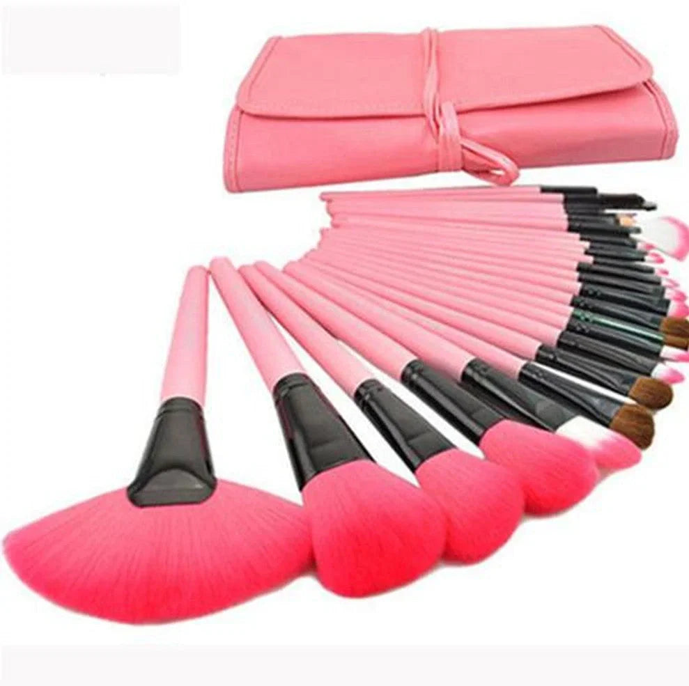 24 black makeup brushes with wooden handles and rayon bristles arranged in set