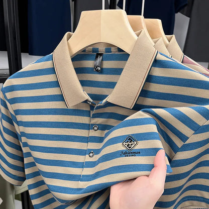 Men's striped mosaic pattern short sleeve casual top in blue, showing size label and fabric detail