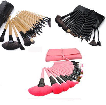 24 black makeup brushes with wooden handles and rayon bristles arranged in set
