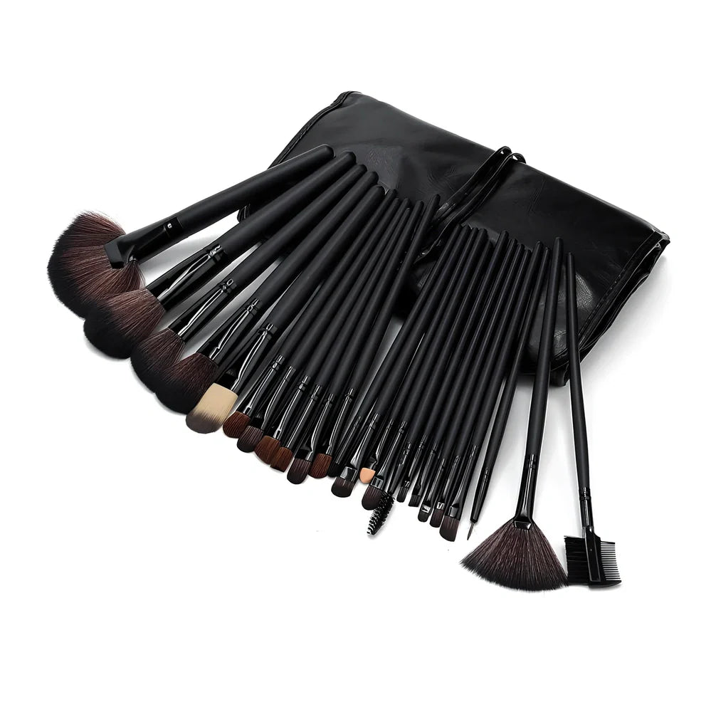 24 black makeup brushes with wooden handles and rayon bristles arranged in set