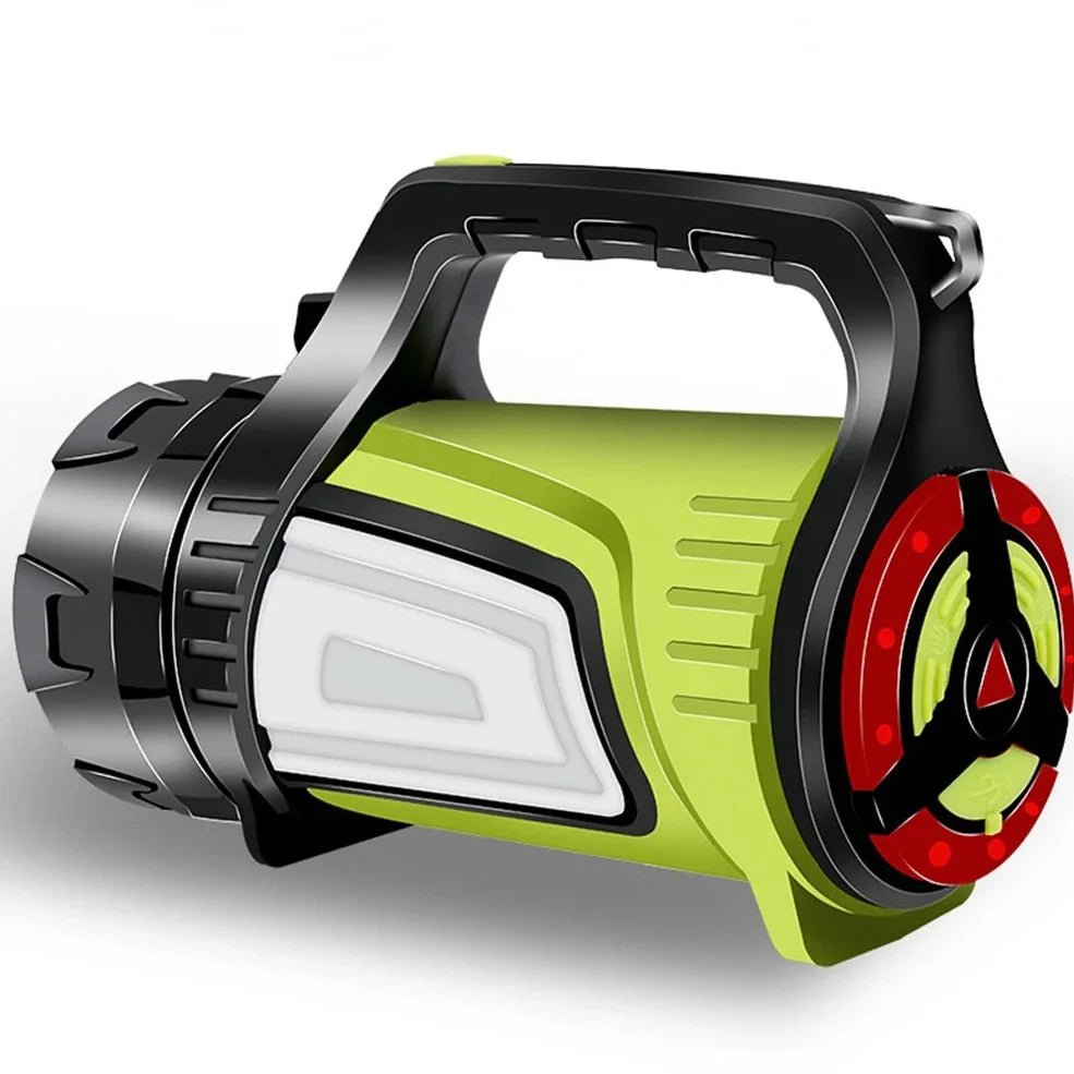 Portable LED flashlight with adjustable strap showing 6000 lumens brightness and 800m range specifications