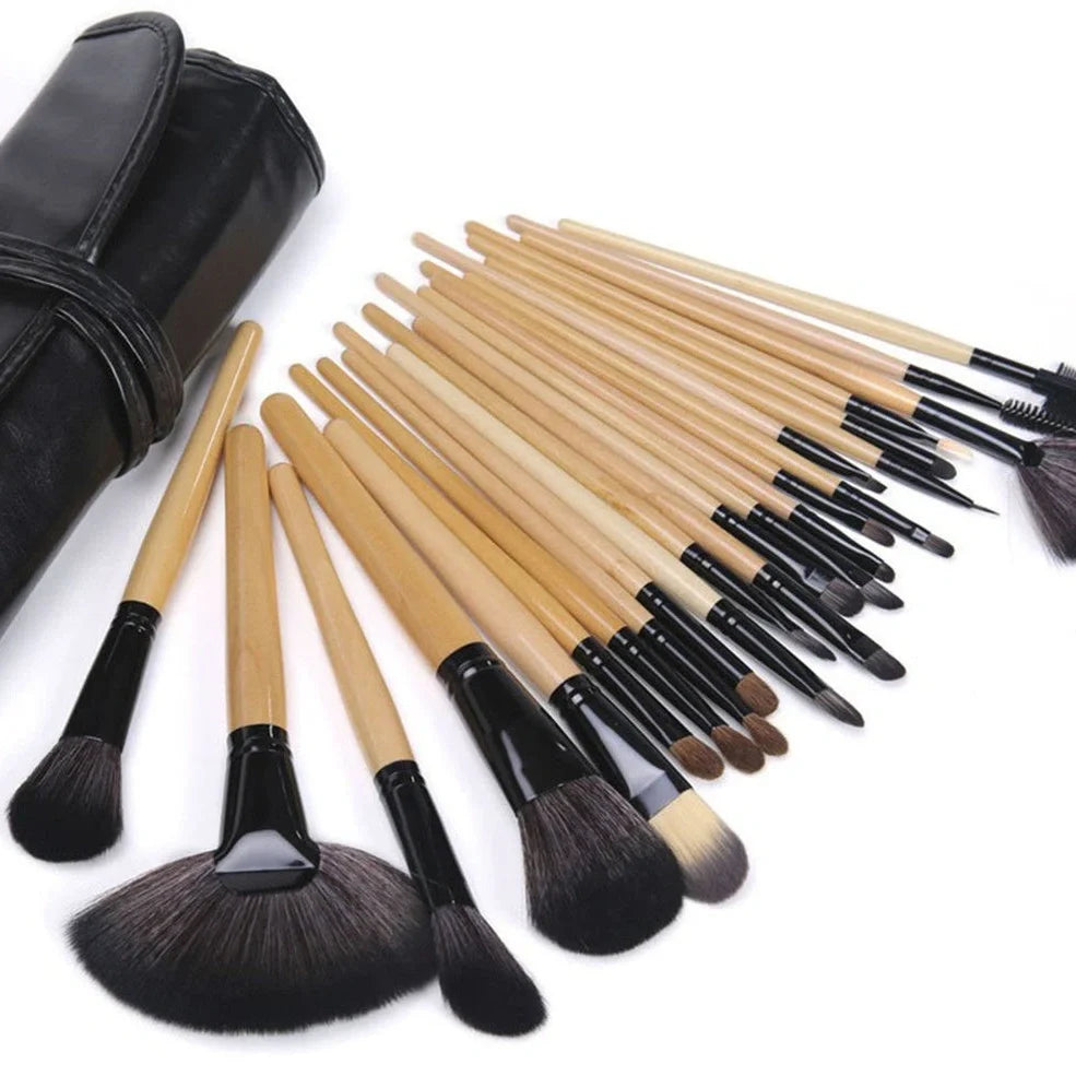 24 black makeup brushes with wooden handles and rayon bristles arranged in set