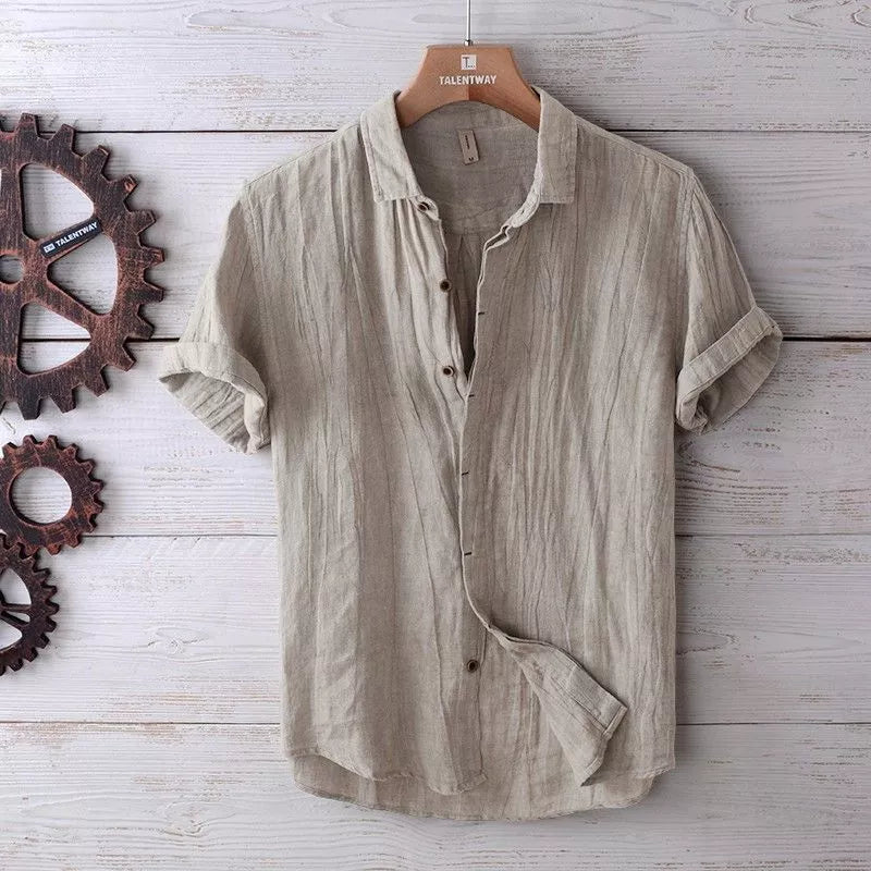 Men's solid color retro distressed linen shirt in white, blue, and gray