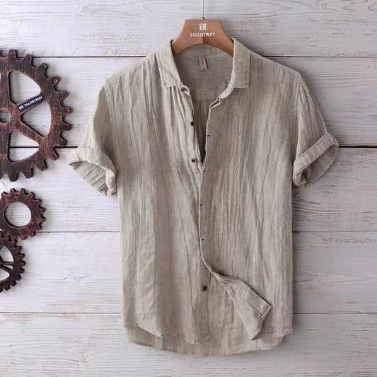 Men's solid color retro distressed linen shirt in white, blue, and gray